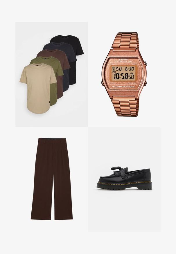 Pięć koszulek ułożonych w gradientowych kolorach: beżowym, oliwkowym, brązowym, ciemnoniebieskim i czarnym. Wykonane z miękkiej bawełny, mają krótkie rękawy i okrągły dekolt.; Brązowe spodnie szerokie z plisami. Wykonane z gładkiego materiału, z dopasowanym pasem i kieszeniami bocznymi. Prosty zakład na dole.; Czarny skórzany mokasyn z frędzelkowymi akcentami, z masywną czarną podeszwą i żółtym przeszyciem wzdłuż krawędzi. Teksturowane wykończenie.; Cyfrowy zegarek Casio z różowo-złotą metalową bransoletą, prostokątną kopertą, podświetlanym wyświetlaczem i wodoodpornością, pokazujący czas i datę.