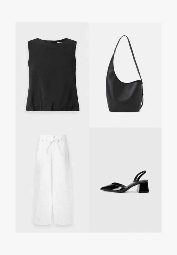 Black sleeveless top made from smooth fabric, featuring a round neckline and a back zipper for closure. Simple design without patterns.; White wide-leg pants made of cotton, featuring a drawstring waist, single button closure, and front pockets. Smooth texture, no patterns.; Black patent leather slingback heels with a pointed toe and a geometric block heel. Features a sleek, minimal design and smooth texture.; Black leather hobo bag with a smooth texture, curved shape, and single adjustable strap; features a wide opening at the top.
