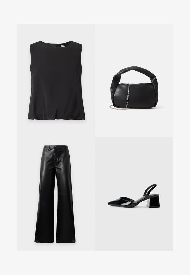 Must beeta ilma varrukate top, mis on valmistatud siledast kangast, ümmarguse kaeluse ja seljaosal lukuga. Lihtne disain ilma mustriteta.; Mustad talje laiad jalad kunstnahast püksid esipaneeli nööbi ja lukuga, vöödega ja küljetaskutega valge tausta peal.; Mustad musta lakknahk kingad, millel on terav varvas ja geomeetriline plokkkonts. Omab elegantselt minimalistlikku disaini ja sujuvat tekstuuri.; Must must suvekott ümmarguse kujuga, paksu käepideme ja hõbedase kettiga rihmaga. Silmapaistev tekstuur kerge läikega.