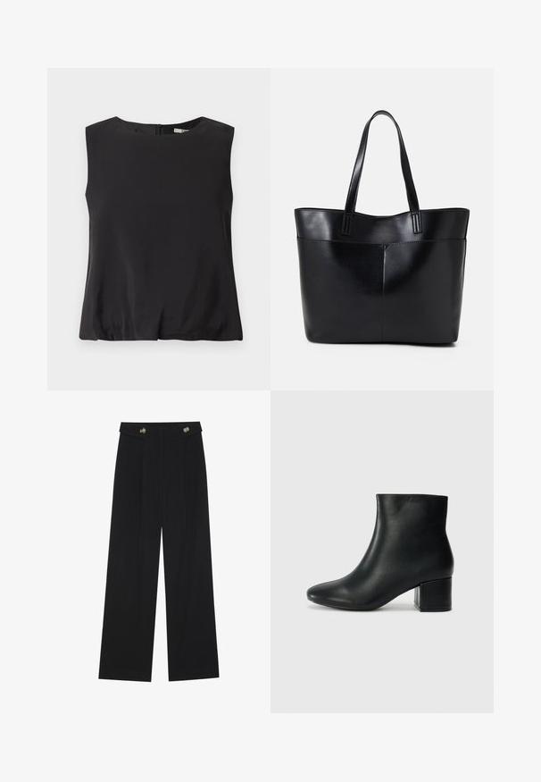 Black sleeveless top made from smooth fabric, featuring a round neckline and a back zipper for closure. Simple design without patterns.; Black wide-leg trousers with high waist, button details on waistband, and front pleats.; Black leather ankle boots with a pointed toe and a chunky heel. Smooth texture with minimal accents and a sleek, fitted design.; Black leather tote bag with two long handles, a smooth texture, and a structured shape. Features a front pocket for additional storage.
