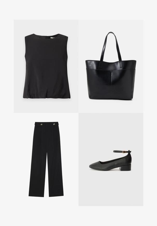 Black sleeveless top made from smooth fabric, featuring a round neckline and a back zipper for closure. Simple design without patterns.; Black wide-leg trousers with high waist, button details on waistband, and front pleats.; Black leather pump with a pointed toe and a low block heel. Features an ankle strap with a gold-tone buckle. Smooth texture.; Black leather tote bag with two long handles, a smooth texture, and a structured shape. Features a front pocket for additional storage.