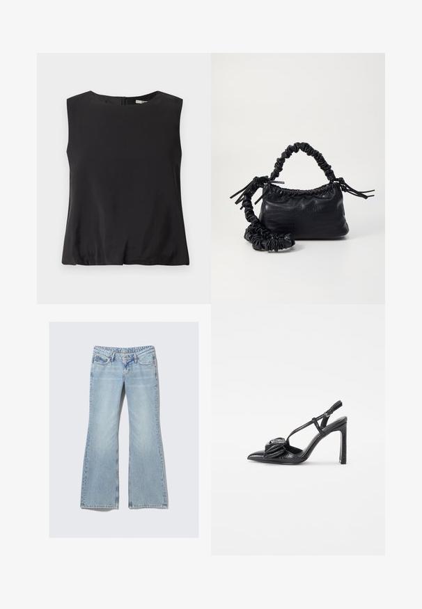 Svart ermeløs topp laget av glatt stoff, med rund halslinning og en glidelås bak for lukking. Enkelt design uten mønstre.; Weekday NOVA - Jeans slim fit - lip blue; Sorte høyhælte sko med spiss tå, glatt tekstur, tynne stropper og en dekorativ plissédetalj foran.; Svart faux skinn-håndveske med krokodilletekstur, strammet topp og en rynket stropp. Ser myk og kompakt ut i designen.