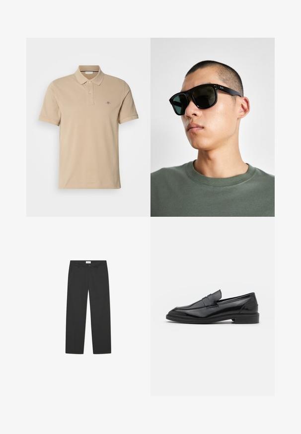Šviesiai ruda polo marškinėliai pagaminti iš medvilnės, su mygtukiniu apykakle, trumpomis rankovėmis ir nedideliu siuvinėtu logotipu ant krūtinės. Lygi tekstūra.; Juodi kelniai, pagaminti iš lengvo audinio. Ypatybės: tiesių kojų dizainas su plokščiu priekiu, šoniniais kišeniais ir diskretus juosmuo.; Juodos odinės loafers batai su lygiu paviršiumi, turintys apvalią noselę ir siaurą juostelę per viršų. Žemas sluoksnis kulnas.; Juodos stačiakampės saulės akinių su tamsiais objektyvais, turinčių išskirtinę formą ir prekės ženklą ant šventyklos. Dėvi asmuo, apsirengęs žalia marškinėliais.