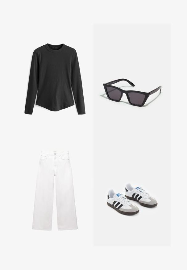 Svart långärmad t-shirt tillverkad av ribbad tyg. Har en rund halsringning och en något böjd fåll i nederkant.; Vita vida jeans i bomull med hög midja, fem fickor och detaljer i mässing. Slät, odistressad yta.; Sportskor med överdel i vit läder, grå mocka på tårna och tre svarta ränder. Har en blå logotyp på tungan och en texturerad gummisula.; Svarta, vinklade solglasögon med grå linser; tillverkade av plast, med tjocka skalmar med en slät yta och utan synlig hårdvara.