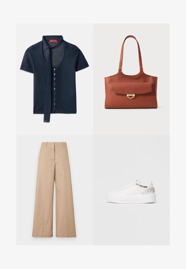 Tamsiai mėlynas trumpomis rankovėmis kardiganas su V formos iškirpte, raukšlėta tekstūra ir kaklo raišteliu. Priekyje yra mėlynų mygtukų eilė.; Smėlio spalvos plačiakulkės kelnes su lygaus medvilninio audinio, turinčios pritaikytą juosmenį ir plokščią priekį, sukurtos atsipalaidavusiam fitui ir švarioms linijoms.; Baldai balti sportiniai batai, su lygiu odiniu paviršiumi, storu baltu padu ir dekoratyvine cirkonio akcentu kulne, su "LOVE MOSCHINO" ženklu.; Ruda odinė perkeliamąja kuprinė su ilgomis rankenomis, priekinė kišenė su dangteliu ir auksinė širdeles formos užsegimo sagtis, gravezuota "Love Moschino".