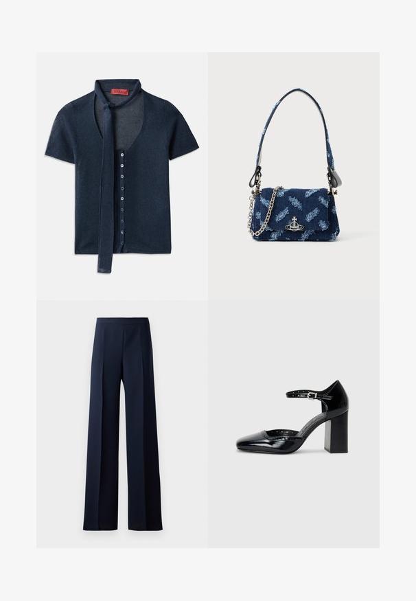 Kortsleeve marineblå cardigan med V-hals, ribbestrikket tekstur og sløyfe ved kragen. Har en rad med blå knapper foran.; Bredde ben bukser i mørk marineblått stoff, med en glattere tekstur, subtile frontbretter og en tettsittende livlinje for en strømlinjeformet silhuett.; Sorte lakk lær høye hæler med firkantet tå, ankelrem og chunky hæl. Inkluderer perforerte detaljer langs kanten.; Mørkeblå stoffhåndveske med teksturdesign, sølvfarge detaljer og avtakbar kjedehank. Har klaffelukking og logoakcent.