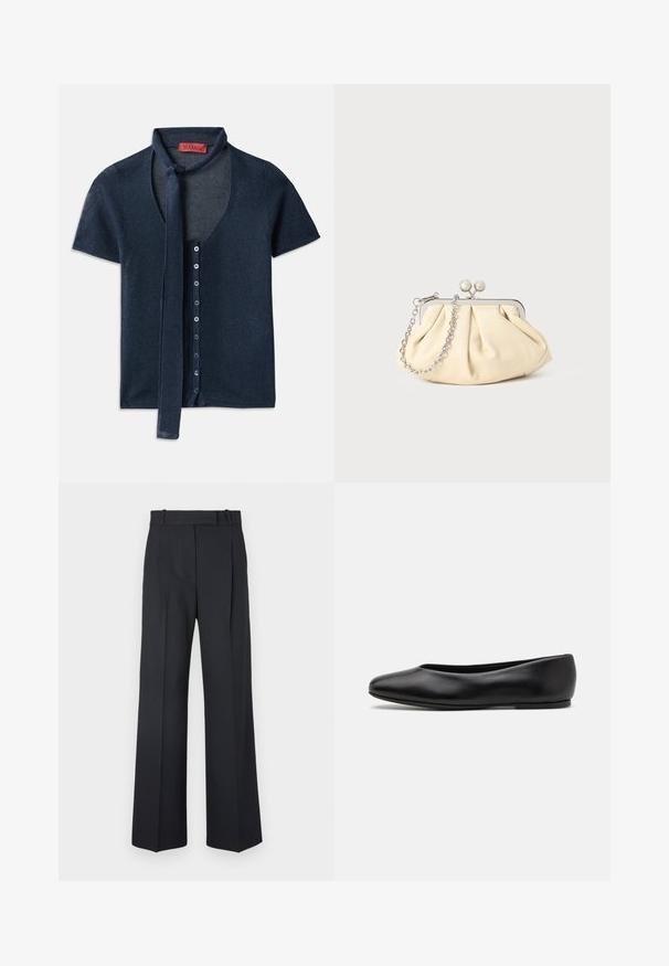 Korte mouwen marineblauwe cardigan met een V-hals, geribbelde textuur en een strik bij de kraag. Kenmerkt zich door een rij blauwe knopen aan de voorkant.; Donkerblauwe pinstriped broek met een hoge taille, wijde pijpen en zonder zichtbare hardware of versieringen. Glad textuur en nauwkeurige pasvorm.; Paul Smith TOPANGA - Ballerina's - black; Geplooide beige leren clutch met een zilveren metalen frame, voorzien van twee ronde decoratieve sluitingen en een zilveren kettingriem.