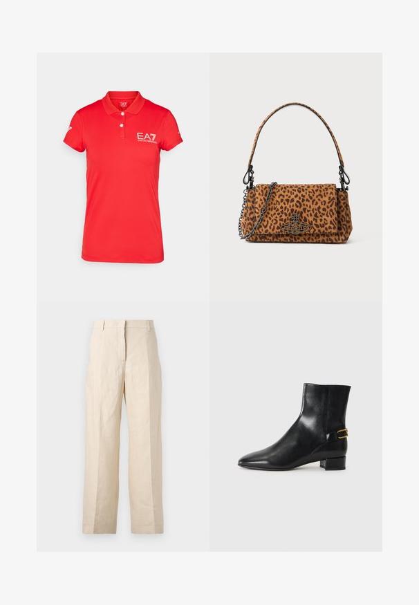 Červené polo tričko vyrobené z texturované látky, s dvoupřivěškovým límečkem a bílým logem EA7 na levé hrudi a rukávu. Krátké rukávy.; Bežové lněné kalhoty s volným střihem, sklady na přední straně a rovnými nohavicemi. Mají pas s poutky na opasek a žádné viditelné kapsy.; Černé kožené kotníkové boty s špičatou špičkou, blokovým podpatkem a dekorativním zlatým přezkovým detailem na zadní straně. Hladká textura, minimální design.; Kabelka s leopardím potiskem vyrobená z semiše, s krátkým uchom, řetízkovým popruhem a černým kovovým zapínáním. Obdélníkový tvar s klopou.
