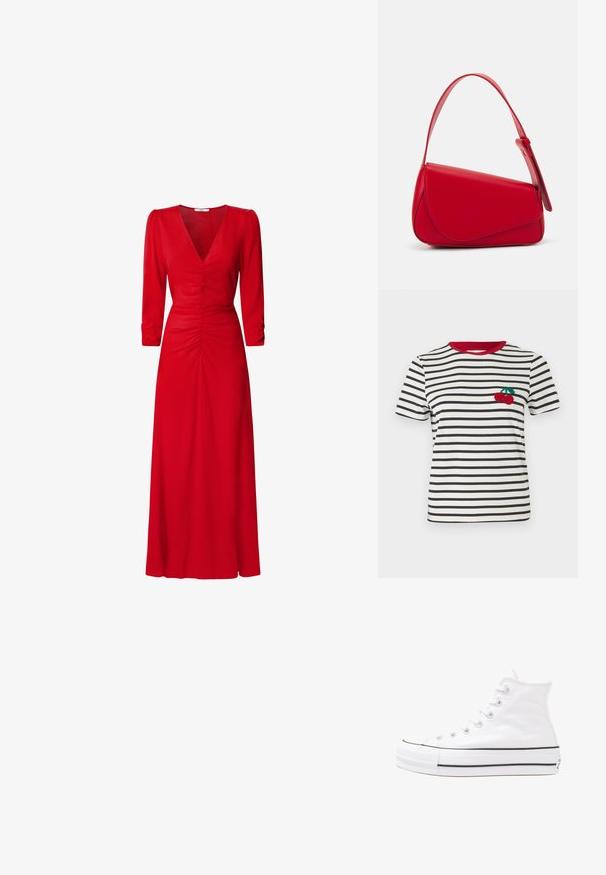 Prugasta majica u krem i mornarsko plavoj boji, s crvenim ovratnikom. Ima izvezeni dizajn trešnje na lijevoj strani prsnog dijela. Kratki rukavi.; Crvena haljina s V-izrezom, rukavima do tri četvrtine i nabranim detaljima u struku i na leđima. Tkanina izgleda glatko i lagano.; Bijela visoka platnena tenisica s crnom gumenom potplatom, prednjim gumenim zaštitnikom prstiju i šest rupa za vezanje, s čistim, minimalističkim dizajnom.; Crvena kožna torba s kutnim, geometrijskim dizajnom. Ima jedan podesivi remen i preklopni zatvarač sa šivenim detaljima.