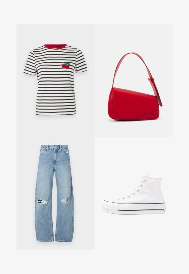 Striped t-shirt in cream and navy, with a red collar. Features an embroidered cherry design on the left chest area. Short sleeves.; Light blue, high-waisted jeans made of denim. Feature wide legs, two torn knee areas, and classic five-pocket styling.; White high-top canvas sneaker with black rubber sole, front rubber toe cap, and six eyelets for laces, featuring a clean, minimalist design.; Red leather handbag with an angular, geometric design. Features a single adjustable strap and a flap closure with stitched detailing.