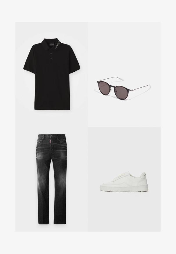 Camisa polo preta feita de tecido suave, com colarinho, com uma pala de três botões, mangas curtas e detalhe assinado no colarinho.; Jeans de denim preto com um corte reto. Apresentam áreas desbotadas, ligeira degradação, design clássico de cinco bolsos e um fecho de botão.; Sapatilha de couro branco com acabamento suave, bico redondo, atacadores planos e uma sola texturizada. Apresenta um logotipo discreto no calcanhar.; Óculos de sol redondos pretos com lentes escuras e hastes metálicas finas. Inclui pontas de templo transparentes e detalhes em prata na dobradiça. Design minimalista.