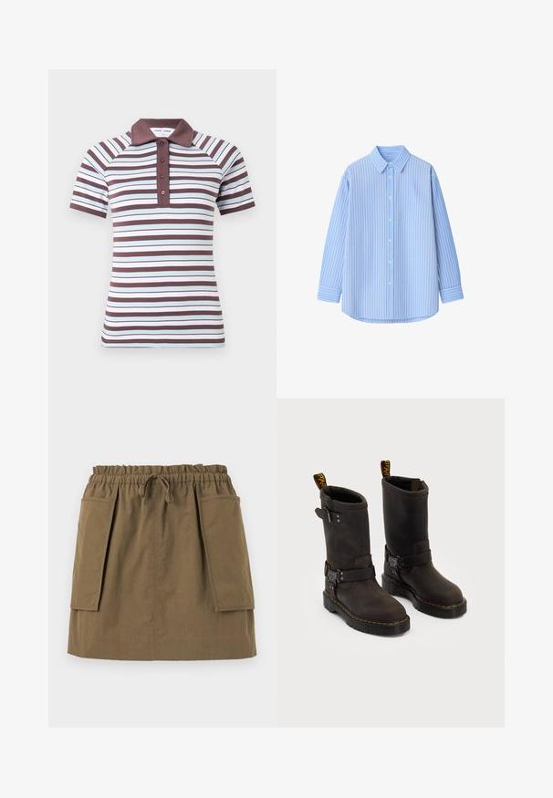 Camisa polo de manga corta con rayas alternas anchas y estrechas en marrón y azul claro, con un cuello marrón sólido y una tapeta de tres botones.; Camisa de botón azul claro con rayas verticales blancas, de manga larga, con collar y un dobladillo redondeado. Hecha de una tela suave con una textura nítida.; Falda verde oliva, hasta la rodilla, con cinturilla elástica, cordón y dos grandes bolsillos laterales. Hecha de un tejido ligero con costuras visibles.; Botas de cuero marrón oscuro con un diseño a media pantorrilla, costuras amarillas, correas de hebilla ajustables y lengüetas de tirón en la parte superior. Acabado texturizado.