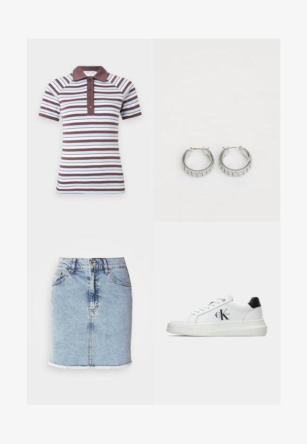 Polo triko s krátkým rukávem s proměnlivými širokými a úzkými pruhy v hnědé a světle modré barvě, s pevným hnědým límcem a uzávěrem na tři knoflíky.; Světle modrá denimová sukně s rovného střihu, třepeným lemem, pěti kapsami a předním zapínáním na knoflík. Hladká textura s vybledlými akcenty.; Bílé nízké tenisky s černým patním tabem, platformovou podrážkou, tkaničkami a logem Calvin Klein "CK" na boku.; Stříbrné kruhové náušnice s texturovaným designem a vertikálními drážkami. Kulatý tvar s pevným uzávěrem. Hladký povrch.