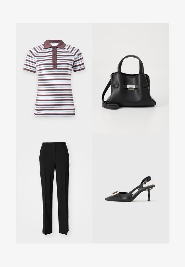 Rövid ujjas polo póló, váltakozó széles és keskeny csíkokkal barna és világoskék színben, egyszínű barna gallérral és három gombos nyitással.; Fekete, testhezálló nadrág egyenes szárú kivitelben, sima textúrával és éles redőkkel az elején. Nincs látható fémalkatrész.; Fekete bőr slingback cipő hegyes orral, karcsú sarkal és aranyszínű kiegészítővel a lábfej résznél. Simább szerkezet és letisztult dizájn.; Fekete bőr kézitáska struktúrált felülettel, két felső fogantyúval, levehető vállpánttal és ezüst színű csattal.