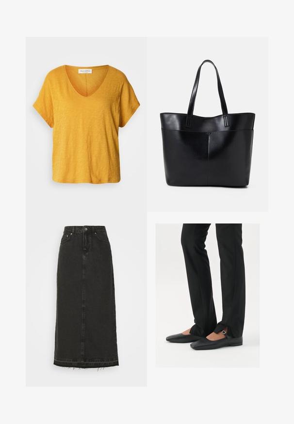 Tričko s krátkým rukávem a výstřihem do V v jasně žlutém odstínu, vyrobené z měkké, texturované tkaniny s volným střihem a jemným, neuniformním vzorem.; Černá denimová midi sukně s přiléhavým pasem, předním zapínáním na knoflíky a třepeným lemem. Vybavena klasickým pětiokýnkovým designem a jemnou texturou.; Černé kožené baleríny s špičatou špičkou, páskem se stříbrnou sponou, společně s černými kalhotami s úzkým střihem a rozparky na lemech.; Černá kožená taška s dlouhými ušima, hladkým povrchem a strukturovaným tvarem. Obsahuje přední kapsu pro další úložný prostor.; Stříbrné kruhové náušnice s hladkým, lesklým povrchem. Kulatý tvar a bezpečné zapínání na klip. Lehký design vhodný pro každodenní nošení.