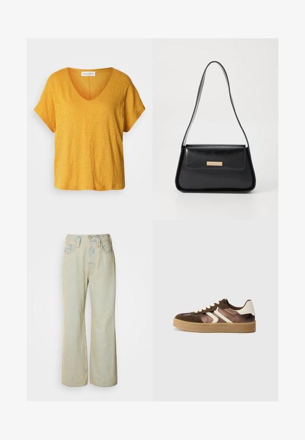 Camiseta de manga corta y escote en V de un brillante tono amarillo, hecha de una suave tela texturizada con un corte relajado y un sutil patrón desigual.; Vaqueros de pierna ancha de un azul claro, hechos de denim, con una cintura alta, cinco bolsillos y un ligero desvanecimiento con acentos de costura contrastante.; Zapatillas marrones y crema con una combinación de materiales de ante y satén, que presentan tres rayas diagonales y una suela de goma texturizada.; Bolso de mano de cuero negro con una forma triangular estructurada, correa delgada y herrajes en tono dorado que presentan una placa de logo en la solapa frontal.; Pendientes de aro de oro con forma irregular y texturizada. Presentan un cierre sin costuras y un acabado pulido, destacando un diseño moderno.