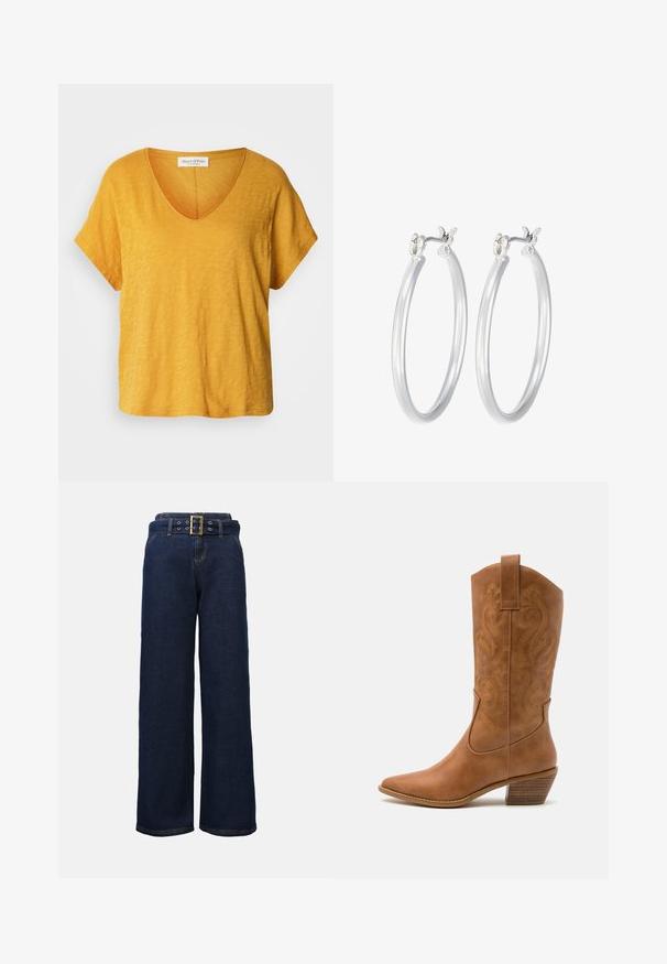 Lühikese varrukaga V-kaelusega t-särk eredas kollases toonis, valmistatud pehmest tekstureeritud kangast, millel on mugav lõige ja õrn, ebaühtlane muster.; Tumedat sinised laiad teksapüksid õmblustega taskutega ja sobiva vööga, millel on suur ristküliku kujuline kuldne kinnituskinnis.; Kohvitooni nahast cowboy-kork, millel on terav varvas, tikitud keerised varrel ja virnastatud ploki konts. Omab tõmbeava, et seda oleks lihtne jalga panna.; Hõbedased rõngaskõrvarõngad, millel on sile, läikiv viimistlus. Ümmargune kuju ja turvaline klõpsulatus. Kerge disain, sobib igapäevaseks kandmiseks.