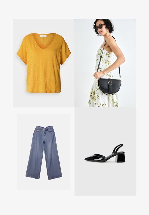 Short-sleeve, v-neck t-shirt in a bright yellow hue, made of soft, textured fabric with a relaxed fit and subtle, uneven pattern.; Wide-leg denim jeans in a light blue wash, featuring a high waist, front pockets, and a button closure with belt loops.; Black patent leather slingback heels with a pointed toe and a geometric block heel. Features a sleek, minimal design and smooth texture.; Black leather handbag with a curved shape, detachable strap, and gold hardware. The bag features a flap with a buckle detail.