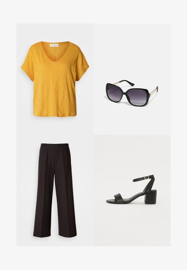 Tričko s krátkým rukávem a výstřihem do V v jasně žlutém odstínu, vyrobené z měkké, texturované tkaniny s volným střihem a jemným, neuniformním vzorem.; Černé kalhoty širokého střihu s plochým předním dílem, skládaním a hladkým povrchem. Mají vysoký pas a přiléhavý střih pro strukturovaný vzhled.; Černé sandály na vysokém podpatku s hladkým koženým svrškem, otevřenou špičkou, širokými předními pásky a nastavitelným páskem kolem kotníku se zlatou přezkou.; Černé oversized sluneční brýle se gradientními skly, silnými rámy a zlatými řetízkovými detaily na nožičkách.