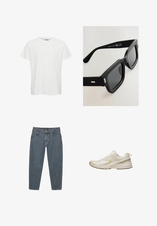 Bela bombažna majica s kratkimi rokavi, okroglo izrezana in z diskretnim logotipom na prsih. Gladka tekstura s klasičnim krojem.; Temno modri traper hlače z sproščenim krojem, petimi žepi, gumbom za zapiranje in rahlo strganim robom. Trpežen material z rahlo teksturo.; Bele športne čevlje iz mrežastega in sintetičnega materiala, z zaobljenim prstom, oblazinjeno podplatom in bež poudarki na straneh.; Črne pravokotne sončne očala z mat površino, temnimi lečami in srebrnimi detajli na ušesnih delih. Imajo široko zasnovo okvirja in gladko teksturo.