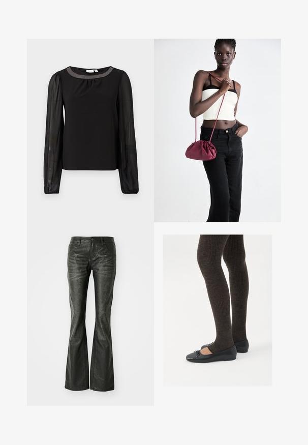 Juodas viršus su lygia apatine dalimi ir permatomomis ilgomis rankovėmis. Jis turi dekoratyvinį juostelę aplink kaklą su šiek tiek raukšlių detale.; Juodos dirbtinės odos flared džinsai su priekinėmis kišenėmis, metaliniu mygtuko uždarymu ir šiek tiek tekstūruota paviršių. Tiesūs džinsai su ilgu kirpimu.; Juodos plokščios bateliai su maža kaspinėlio detale prie pirštų, derinami su tamsiai rudos spalvos raukšlėtomis pėdkelnėmis. Bateliai turi lygų paviršių ir žemą profilį.; Bordo minkštas audinys rankinukas su susiraukšlėjimu ir ilgu dirželiu, dėvimas per kūną. Modelis vilki baltą trumpą palaidinę ir juodas džinsus.