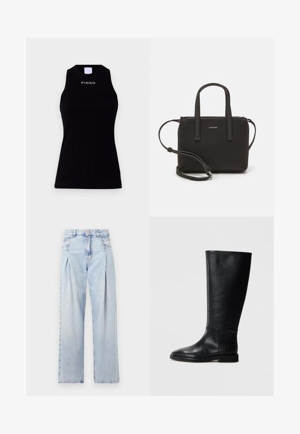 Must have mustre vulkaniga. Omab kõrget kaela ja brändi nime "PINKO" valgel trükisena ees.; Heledad sinise denimist valmistatud teksapüksid kõrge vöökohaga, laia jala lõikega, kahe külje taskuga ja pleedi disainiga. Pehme tekstuur ja pleekinud viimistlus.; Mustadast mustad nahast põlve kõrgus kingad, ümarate varvastega, siledast tekstuurist, minimalistlikus disainis ja lame tallaga. Lihtsad õmbluse detailid varrel.; Musthave mustrans vöö ja eemaldatav õlarihm. Gludike nahk siledaga, millel on tõmblukk ja logo detail.