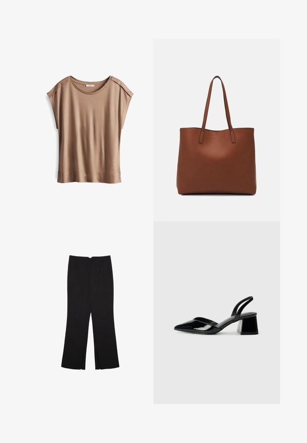 Top marrone a maniche corte con una consistenza morbida e liscia. Presenta un collo rotondo e una discreta lavorazione delle cuciture sulle spalle.; Pantaloni neri a gamba dritta, con tasche frontali e spacchi laterali all'orlo. Realizzati in tessuto morbido e liscio. Adatti a diverse occasioni.; Décolleté in vernice nera con punta affusolata e tacco in geometria cubica. Presentano un design elegante e minimalista, con una texture liscia.; Borsa tote in pelle marrone con texture liscia, design con apertura superiore e due spallacci. Presenta cuciture minime e nessun hardware visibile.