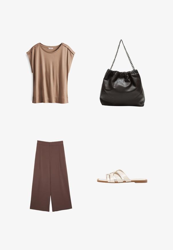 Braunes kurzärmliges Oberteil mit einer weichen, glatten Textur. Verfügt über einen runden Ausschnitt und dezente Schulternaht-Details.; Braune Weite-Leg-Hosen mit einer glatten Textur, hoher Taille und Vorderfalten. Der Stoff ist leicht und fällt locker.; Flache Sandalen mit einer honigfarbenen Gummisohle, gestaltet mit drei überlappenden weißen Lederriemen und einem kleinen Schleifendetail in der Mitte.; Braune Lederhandtasche mit gerafftem Oberteil und Kettenriemen. Glatte Textur mit glänzendem Finish und subtilen Nahtdetails an den Seiten.