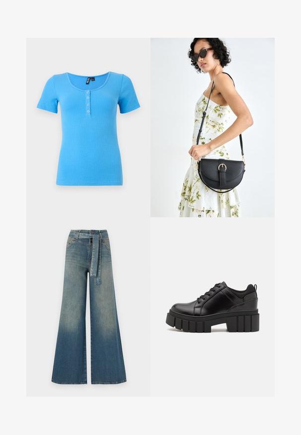 Rebrast majica s kratkimi rokavi v živahni modri barvi. Ima okroglo izrez in tri gumbe spredaj. Mehka in raztegljiva tkanina.; Široke jeans hlače z gradientom od svetlo do temno modre, visokim pasom, zankami za pas in pasom iz istega materiala. Tekstura denim končnica.; Črne usnjene platforme z debelim blokastim petam, okroglo konico in klasičnim vezanjem. Imajo gladko teksturo in minimalne podrobnosti.; Črna usnjena torbica s ukrivljeno obliko, z odstranljivo naramnico in zlatimi dodatki. Torbica ima pokrov s podrobnostmi v obliki zaponke.