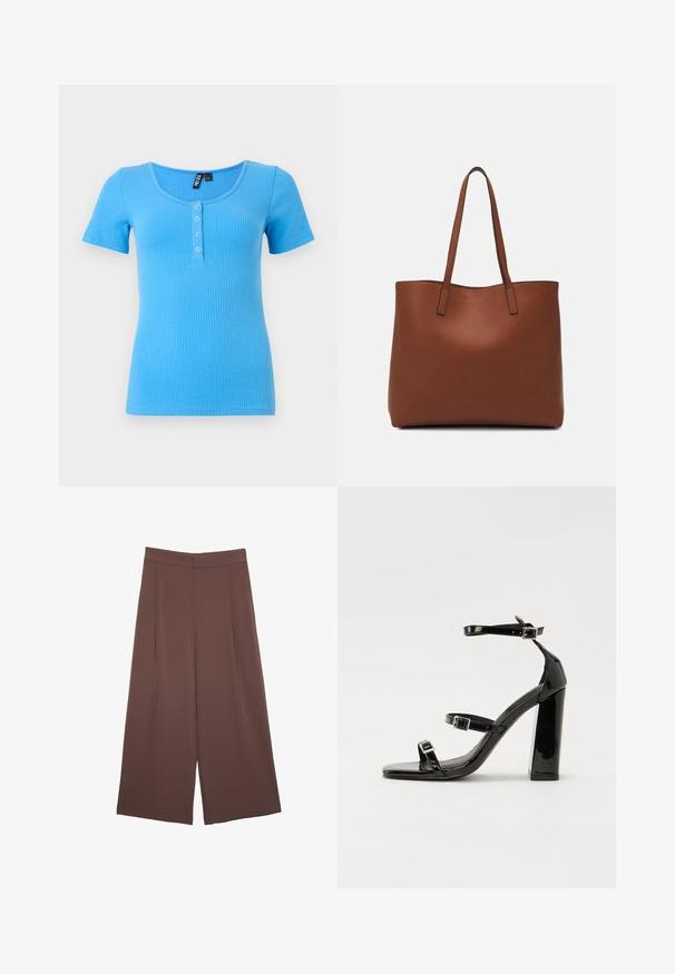 Pruhované tričko s krátkým rukávem v živé modré barvě. Má kulatý výstřih a přední légu na tři knoflíky. Měkký, pružný materiál.; Hnědé široké kalhoty s hladkou texturou, vysokým pasem a předními záhyby. Materiál je lehký a volně splývá.; Černé lakované sandály na podpatku se čtveratou špičkou, lýtkovými pásky a stříbrnými přezkami. Disponují masivním blokovým podpatkem pro stabilitu.; Hnědá kožená taška přes rameno s hladkou texturou, otevřeným designem a dvěma ramenními popruhy. Obsahuje minimální švy a žádné viditelné kovové prvky.