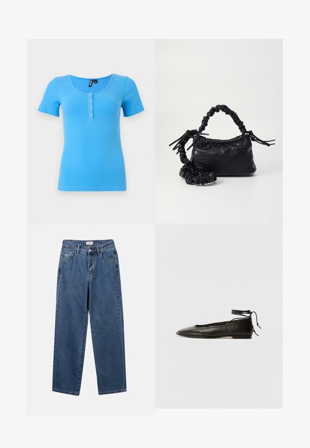 Ribota, trumpomis rankovėmis t-shirt ryškiai mėlyna spalva. Pasižymi apvalia iškirpte ir trimis mygtukais priekyje. Minkšta, tampri medžiaga.; Klasikiniai mėlynos džinsinio audinio džinsai su tiesiomis kojomis, penkiomis kišenėmis ir mygtukų uždarymu. Pasižymi vidutiniu skalbimu ir tvirtu audiniu.; Juodi odiniai balerinų bateliai su smailiu pirštu, kulkšnies raiščiu ir plokščiu padu, pasižymintys lygiu paviršiumi ir minimalizmo dizainu.; Juodas dirbtinės odos rankinė su krokodilo tekstūra, sušnibždinta viršuje ir susikraipytu dirželiu. Atrodo minkšta ir kompaktiška.