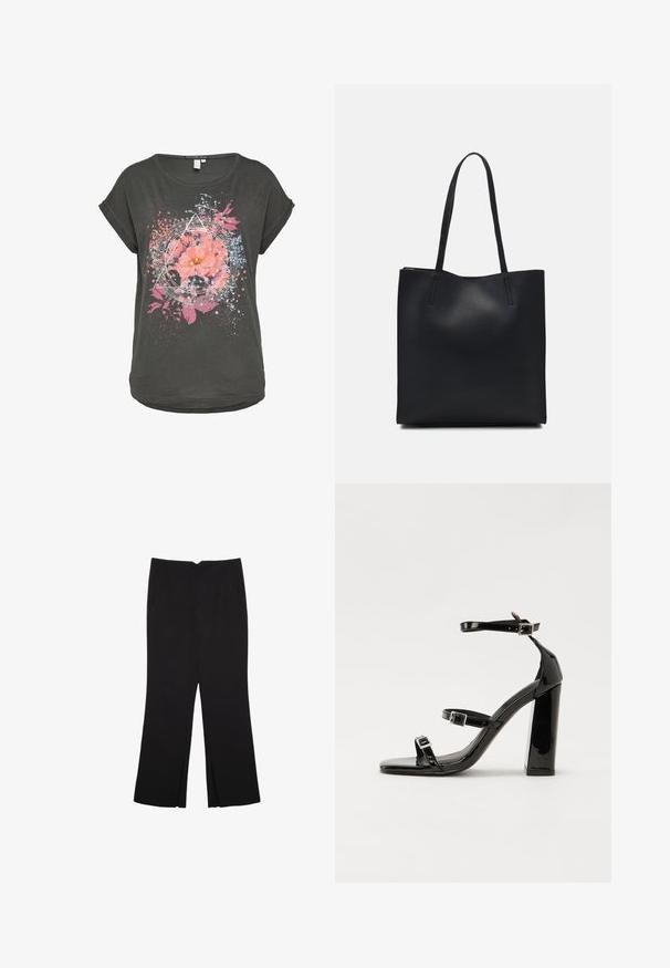 Ciemnoszary t-shirt z krótkim rękawem, z kwiatowym grafiką z różowymi kwiatami i niebieskimi akcentami, otoczony kształtami geometrycznymi i wzorami rozprysków.; Czarne spodnie o prostym kroju, z przednimi kieszeniami i bocznymi rozcięciami na dole. Wykonane z miękkiego, gładkiego materiału. Odpowiednie na różne okazje.; Czarne lakierowane sandały na obcasie z kwadratowym noskiem, z paskami wokół kostki i srebrnymi klamrami. Posiadają masywny słupek dla stabilności.; Czarna skórzana torba tote o gładkiej fakturze, prostokątnym kształcie i dwóch długich uchwytach. Brak widocznych elementów metalowych i ozdób.