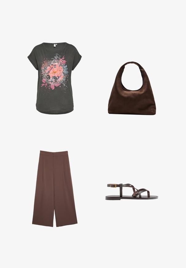 T-shirt à manches courtes gris foncé avec un graphique floral aux fleurs roses et accents bleus, entouré de formes géométriques et de motifs de éclaboussures.; Pantalons larges marron avec une texture lisse, dotés d'une taille haute et de plis à l'avant. Le tissu est léger et tombe de manière fluide.; Sandale en cuir marron avec des brides entrecroisées, une fermeture à boucle à la cheville et une semelle plate avec des détails de couture minimaux.; Sac à main en toile marron doux de style hobo avec une large sangle unique et une ouverture en haut arrondie, présenté sur un fond blanc.