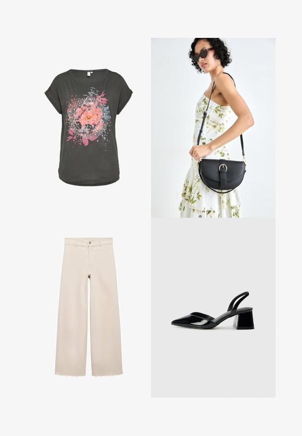 T-paita tummanharmaana, lyhythihaisena, jossa on kukkakuosi, jossa on vaaleanpunaisia kukkia ja sinisiä yksityiskohtia, ympäröitynä geometrisilla muodoilla ja roiske- sekä laikkuprintillä.; Beige leveleet jeansit, joissa on korkea vyötärö, napitus, etutaskut ja risat helmat. Valmistettu denim-kankaasta.; Mustat patentoitu nahkakengät, joissa on säären takaosa ja terävä kärki, sekä geometrinen palikkakorko. Sisältää tyylikkään, minimalistisen muotoilun ja sileän pinnan.; Musta nahkainen käsilaukku, joka on kaareva muotoilultaan, irrotettavalla hihnalla ja kultaisilla yksityiskohdilla. Laukussa on läppä, jossa on solk yksityiskohta.