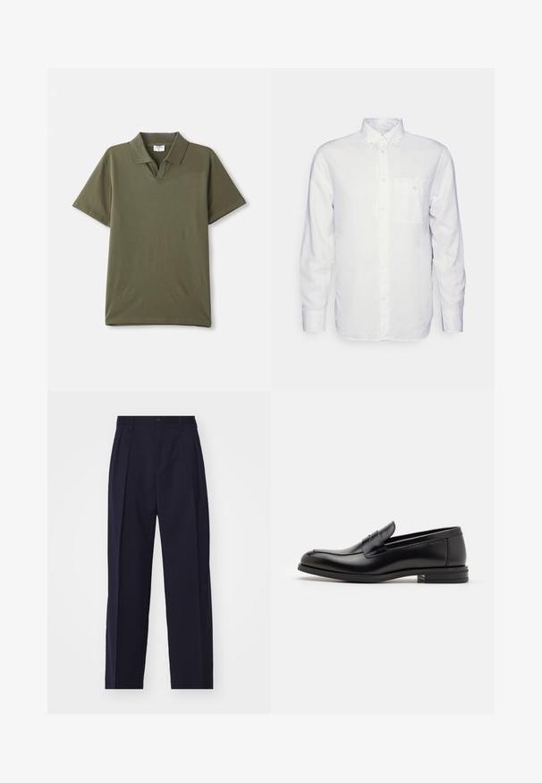 Olivazöld póló, sima pamutból készült. Klasszikus gallérral és rövid ujjakkal rendelkezik. Minimalista design, minta vagy díszítés nélkül.; Hosszú ujjú fehér ing, pamutból készült, gombos gallérral, elülső zsebbel és normál szabással. Texturált anyag, sima felülettel.; Tengerészkék, testre szabott nadrág egyenes lábakkal, elöl redők, gombos záródás és látható zsebek nélkül. Simaságot sugárzó szövet.; Fekete bőr loaferek sima textúrával, kerek orral és dekoratív pánttal a vampnál. Alacsony, rétegelt sarkú, minimalista dizájn.
