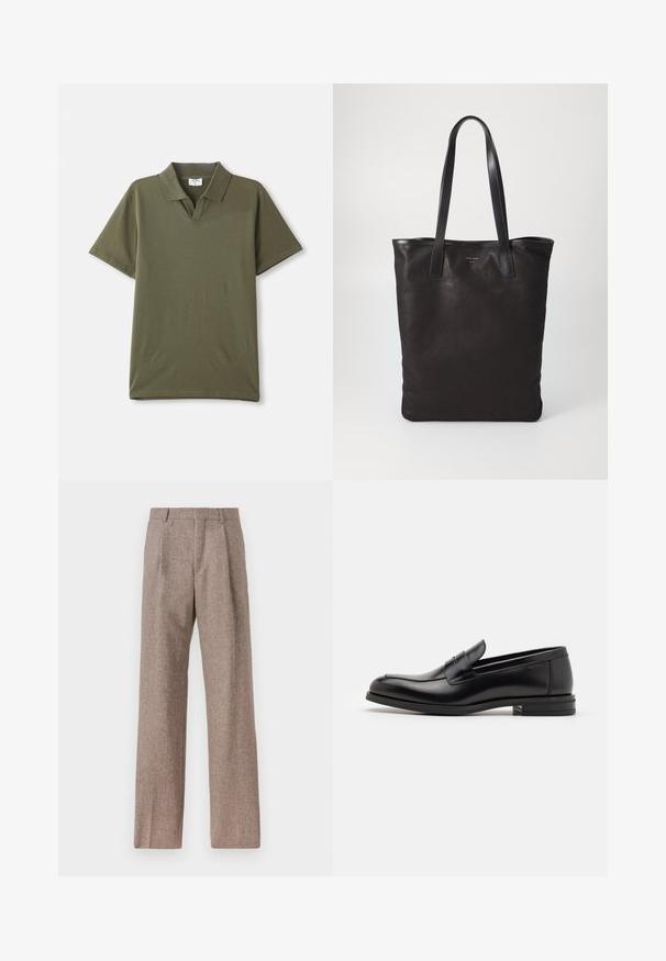 Olivazöld póló, sima pamutból készült. Klasszikus gallérral és rövid ujjakkal rendelkezik. Minimalista design, minta vagy díszítés nélkül.; Világoskék, hosszú ujjú ing, hegyes gallérral, fekete gombokkal, és egyedi kivágással elöl, amely különleges dizájnt kölcsönöz.; Barna, magas derekú nadrág texturált anyagból. Széles szárai és két elülső redője biztosítja a struktúrát. Ízléses kivitel, látható fémszerelés nélkül.; Fekete bőr loaferek sima textúrával, kerek orral és dekoratív pánttal a vampnál. Alacsony, rétegelt sarkú, minimalista dizájn.; Fekete vászontáska fekete bőr füllel. Egyszerű dizájn, tágas test és sima textúra. Nincsenek látható logók vagy minták.
