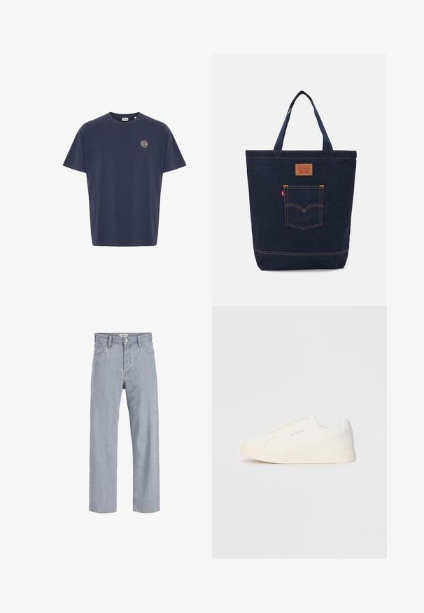 Navy blue cotton t-shirt, short sleeves, crew neckline, features small sun emblem in gold on the left chest area. Classic straight cut.; Light blue denim jeans with a relaxed fit, straight leg design, visible stitching, two front pockets, and a button closure.; White slip-on sneakers with a textured surface, a thick sole, and minimalistic design. Features brand logo on the side.; Denim tote bag in dark blue with two handles, visible stitching, and a front pocket featuring a classic logo patch.