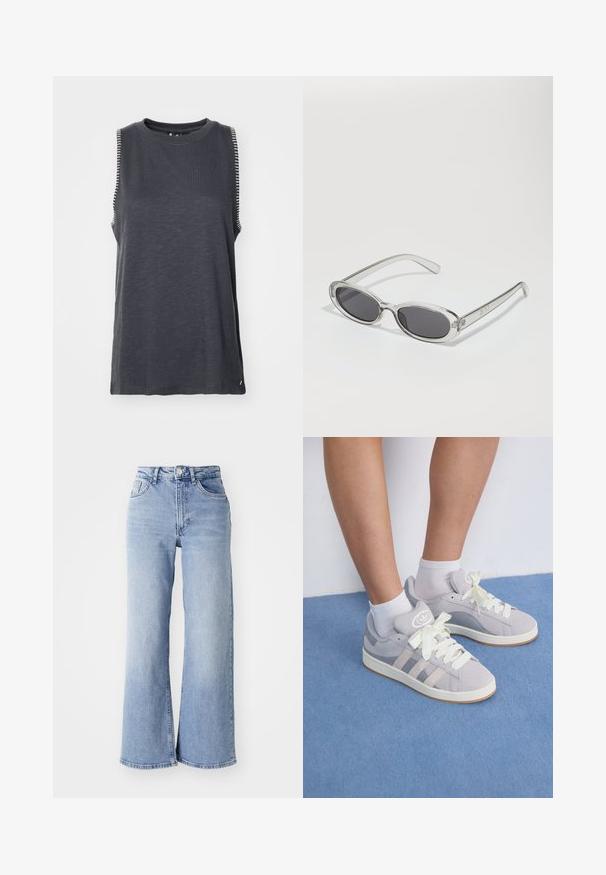 Tumši pelēks bez piedurknēm T-krekls ar apaļu kaklu, ar baltām svītrojuma akcentiem gar pleciem un brīvu piegriezumu.; Gai zilganzs augsta jostas platajām biksēm ar priekšējām un aizmugurējām kabatām, pogu aizdari un nelielu izbalējumu gurnos un apakšmalās.; Pelēki zamša sporta apavi ar baltām šņorēm un gumijas zoli, ar trim diagonālām svītrām sānos un logotipa uzšuvi uz mēles.; Saulesbrilles ar ovālu formu, caurspīdīgu plastmasas rāmi, tumši pelēkiem stikliem un plāniem caurspīdīgiem kātiem, kas satur logotipa akcentus un minimālu noformējumu.