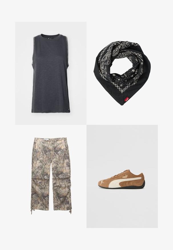 Tummanharmaa ilman hihoja oleva t-paita, jossa on pyöreä pääntie, valkoiset raidalliset yksityiskohdat olkapäillä ja rento istuvuus.; Vihreät, camokuosilla varustetut housut, joissa on kevyt kangas, joustava vyötärö, sivutaskut ja säädettävät nyörit nilkoissa.; Ruskean nahkaiset alhaiset tennarit, joissa on kerma valkoisia yksityiskohtia, teksturoitu pinta, musta kumipohja ja brodeerattu logo sivulla ja kielessä.; Levi's® PAISLEY BANDANA UNISEX - Fulardi - regular black