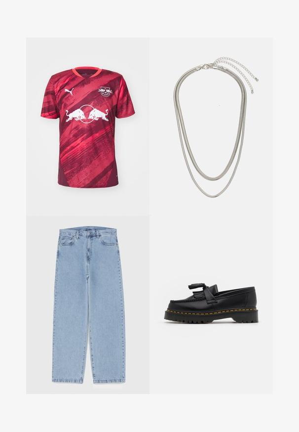 Piros és rózsaszín, rövid ujjú póló, kerek nyakú, grafikus mintázattal és középső logóval, amelyen két bika látható. Lélegző anyagból készült.; Világoskék farmernadrág egyenes szárú kivitelben, közepes derékkal, öt zsebbel, gombos és cipzáros záródással.; Fekete bőr mokaszin, rojtos díszítéssel, masszív fekete talppal és sárga varrással az élén. Texturált felület.; Háromrétegű ezüstszínű fém nyaklánc, letisztult, rugalmas láncokkal, enyhe fényességgel, homárkapoccsal rögzítve és állítható lánccal.