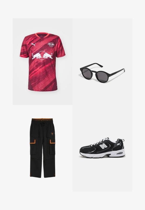 Červený a ružový krátky rukáv dres s okrúhlym golierom, ktorý má grafický vzor a centrálny logo dvoch býkov. Vyrobený z priedušného materiálu.; Čierne cargo nohavice majú elastický pás s oranžovým šnúrkovým sťahovaním, viacere vrecká a oranžové akcenty na vreckách a leme.; Čierne a šedé športové topánky s hornou časťou z mikrovlákna a zamatu, s bielou medzipodrážkou, šnúrkami a výrazným logom "N" na boku.; Čierne slnečné okuliare s okrúhlym, mierne vlnitým rámom, tmavými šošovkami a rovnými čiernymi nohami. Hladký, lesklý povrch bez viditeľných vzorov.