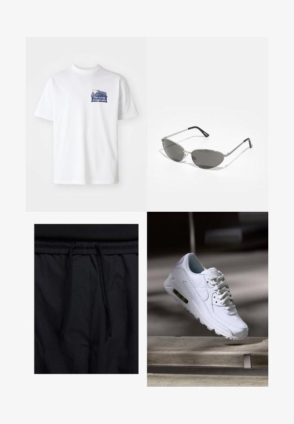 Hvit bomulls t-skjorte med et marineblått grafisk motiv på venstre bryst med teksten "de nye originalene" og et mønstrete design over.; Sorte shorts med snor i livet, lett stoff med en jevn tekstur, og et enkelt design uten synlige logoer eller mønstre.; Hvit lær sneakers med teksturerte overflater, polstret krage og synlig luftdemping i sålen. Har snøring og et minimalistisk design.; Solbriller med en slank, sølvmetallisk ramme, gråtonede linser og et aerodynamisk design med spisse kanter og tynne armer.