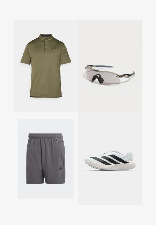 Camisa polo verde-azeitona com um tecido texturizado, com uma pala de três botões e detalhes em azul-marinho escuro. Apresenta um logótipo bordado no peito.; Bermudas atléticas cinzas com um cós elástico, bolsos laterais com zíper e um detalhe de logo preto. Leves, com textura suave e comprimento até ao joelho.; Tênis de corrida leves em azul pálido com riscas pretas. Apresentam um cabedal liso, bico redondo e uma entressola espessa branca rotulada como "LIGHTSTRIKE PRO."; Óculos de sol com uma armação cinza translúcida, lentes com tonalidade e design angular. Apresenta um suporte nasal distinto e hastes em cinza escuro texturizado.