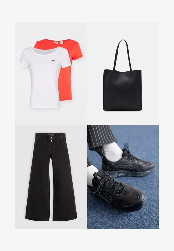 Divi īsās piedurknēm T-krekli, viens balts un otrs oranžs, izgatavoti no kokvilnas. Abiem ir neliels sarkans Levi's logo uz krūšu.; Platas kājas džinsi melnā džinsa audumā ar rāvējslēdzēju priekšā, piecu kabatu dizains un smalkas šuvju detaļas. Gluda tekstūra un ikdienišķs stils.; Melnas sporta kurpes ar teksturētu augšdaļu un tumšām auklām. Pieder caurspīdīga gēla zole. Valkātas ar baltām zeķēm un svītrainām biksēm.; Melnas ādas somiņa ar gludu tekstūru, taisnstūra formu un divām garām rokturiem. Nav redzamu aparatūras vai rotājumu.