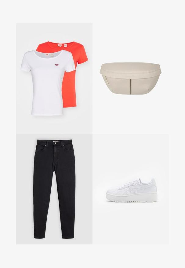Due magliette a maniche corte, una bianca e una arancione, realizzate in cotone. Entrambe presentano un piccolo logo rosso di Levi's sul petto.; Jeans neri slim fit con chiusura a bottone e zip, design a cinque tasche e passanti per cintura su uno sfondo grigio chiaro.; Sneaker piattaforma bianche con texture in pelle liscia, dettagli perforati e lacci piatti; presenta una robusta suola in gomma bianca.; Pochette in tessuto beige dalla forma arrotondata, con parte superiore piatta e dettagli di cucitura sottili. Include un logo minimalista e una strap laterale.