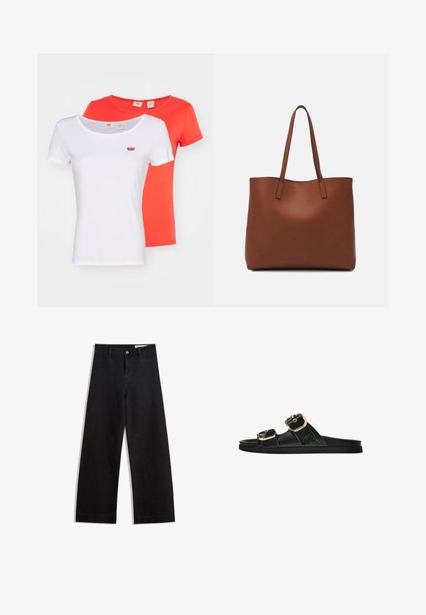 Două tricouri cu mânecă scurtă, unul alb și unul portocaliu, realizate din bumbac. Ambele au un mic logo roșu Levi's pe piept.; Pantaloni din denim negri cu picioare largi, cu talie înaltă, având buzunare frontale și posterioare, cusături dublate și închidere cu nasture. Textură netedă.; Sandalie negre cu toc plat, cu două accente de cataramă aurie, din material texturat neted și design minimalist.; Geantă de umăr din piele maro cu o textură netedă, design cu vârf deschis și două curele pentru umăr. Prezintă cusături minime și fără componente metalice vizibile.