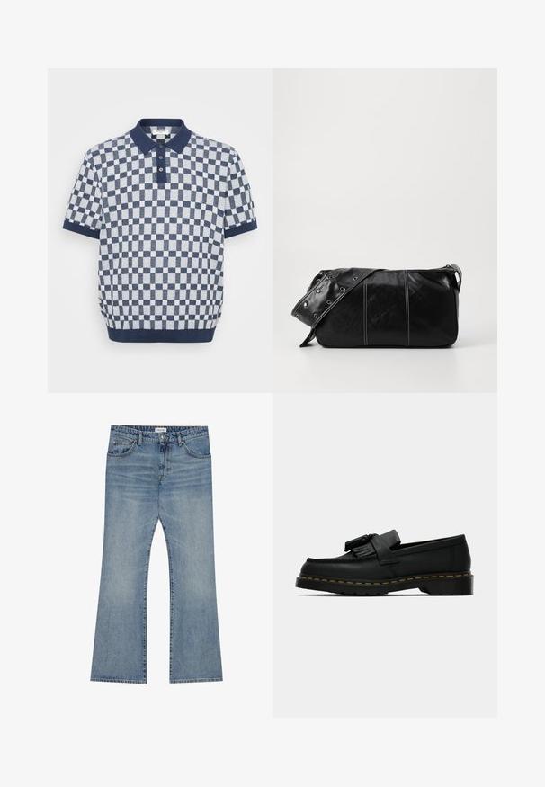 Rutete polo-skjorte i marineblå og hvit, kort erm, med ribbet krage og knappestolpe. Strikket tekstur med vekslende firkanter.; Lys blå denimjeans med flagrende ben, med en klassisk fem-lomme stil og en knappelukking i midjen.; Svart lær loafer med dusk, gult søm langs sålen, og en tykk, rillede gummisåle.; Svart lær skulderveske med glidelås, med teksturert overflate, hvite sømmer og en stropp med sølvringer.