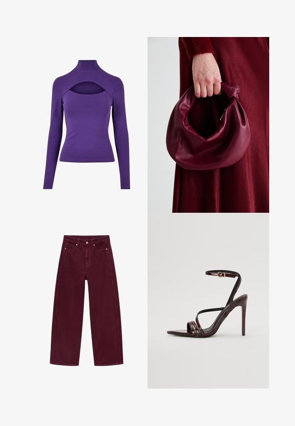Purple long-sleeve top featuring a high neckline and a cut-out detail below the neck. Made from soft, stretchy material with a smooth texture.; Burgundy wide-leg jeans made from cotton denim, featuring a four-pocket design and metal button closure with matching stitching.; Burgundy patent leather high-heeled sandal with an ankle strap, pointed toe, and three horizontal straps across the foot. Gold-tone buckle detail.; Burgundy leather handbag with a soft, gathered design and a rounded shape. The handle is secured, showcasing a smooth texture.