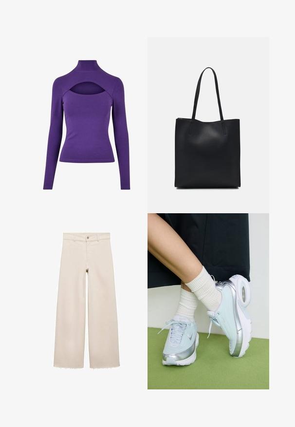 Top violet cu mânecă lungă, cu guler înalt și un detaliu decupat sub gât. Confectionat dintr-un material moale, elastic, cu o textură netedă.; Jeans bej cu picioare largi și talie înaltă, cu închidere cu buton, buzunare frontale și tiv desfăcut. Fabricate din material denim.; Tenisi bleu deschis cu accente argintii, suprastructură texturată, talpă căptușită și unitate de aer vizibilă. Asociati cu șosete albe cu dungi.; Geantă tote neagră din piele, cu textură netedă, formă rectangulară și două mânere lungi. Fără hardware vizibil sau ornamente.