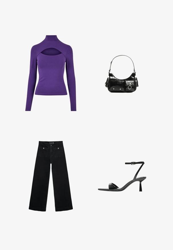 Ljubičasti top dugih rukava s visokim izrezom i izrezom ispod vrata. Izrađen od mekog, rastezljivog materijala s glatkom teksturom.; Crne široke traperice s visokim strukom, koje imaju dva prednja džepa i metalne gumbe kao ukrase. Tkanina ima glatku teksturu.; Bershka Sandale s visokom petom - black; Crna patentna kožna torba s zakrivljenim oblikom, jednim remenom za rame, prednjim džepovima i akcentima od srebrnog tona.